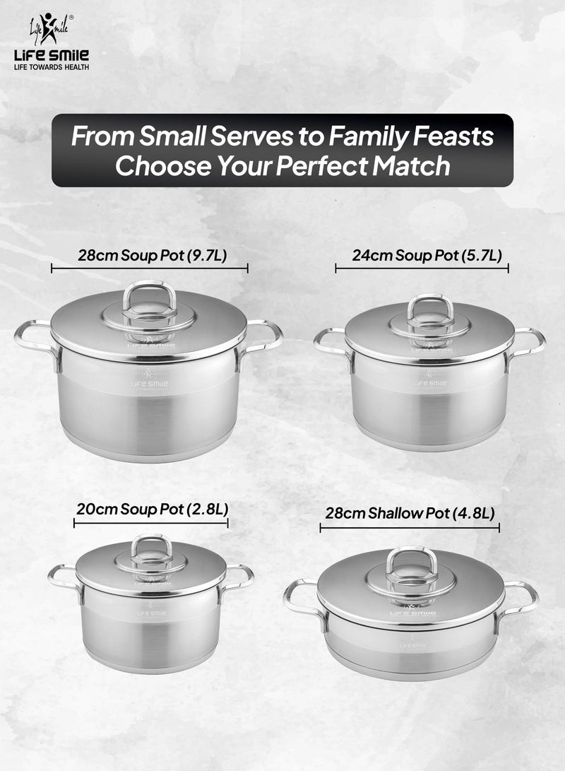 Life Smile 8-Piece Stainless Steel Cookware Set with Lids -20/24/28cm Casseroles, 28cm Shallow Pot,Multi-Size Cooking Pots - Image 3